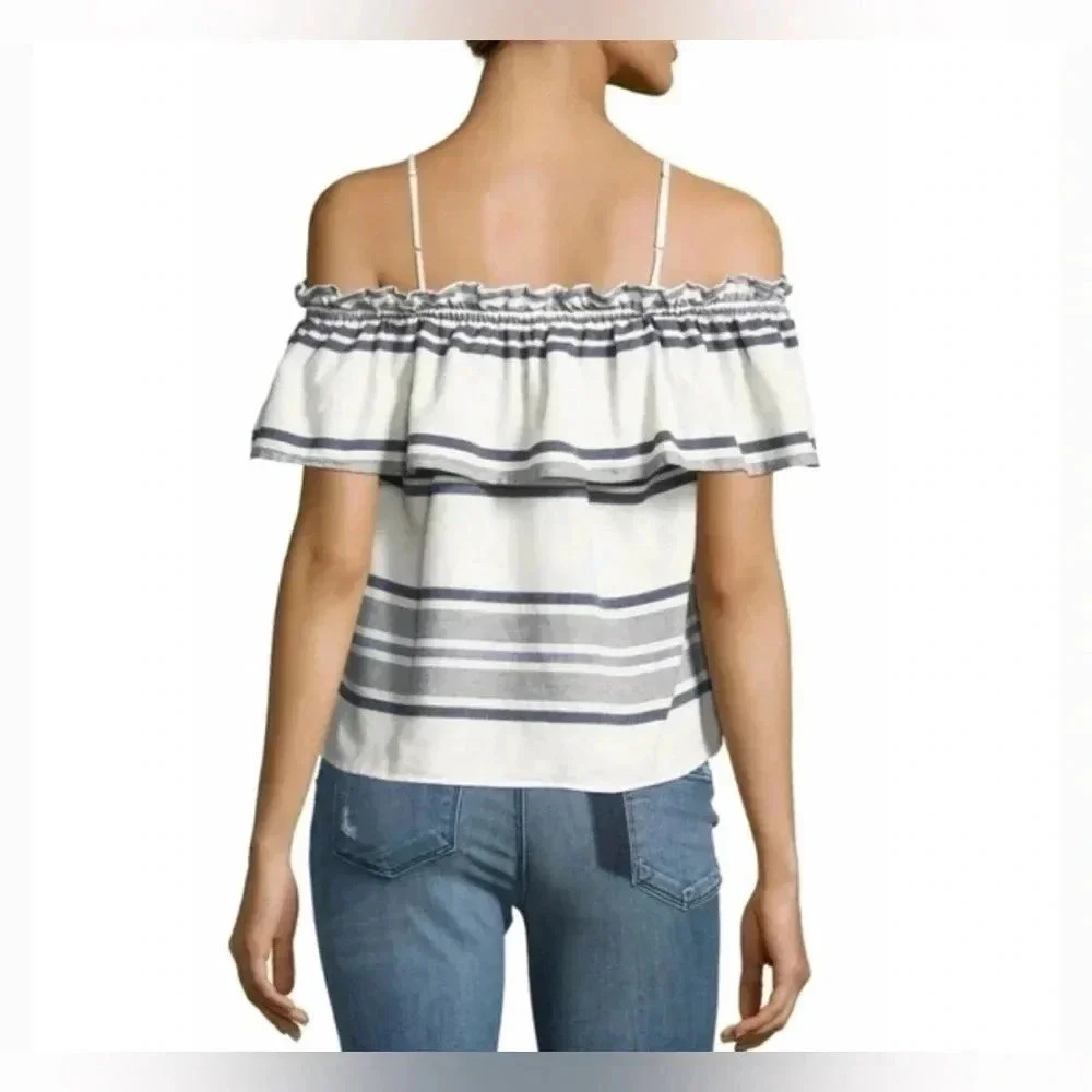 Splendid Women’s S Off-the-Shoulder Ruffle Overlay Blue/Off-White Striped Top - Picture 2 of 12